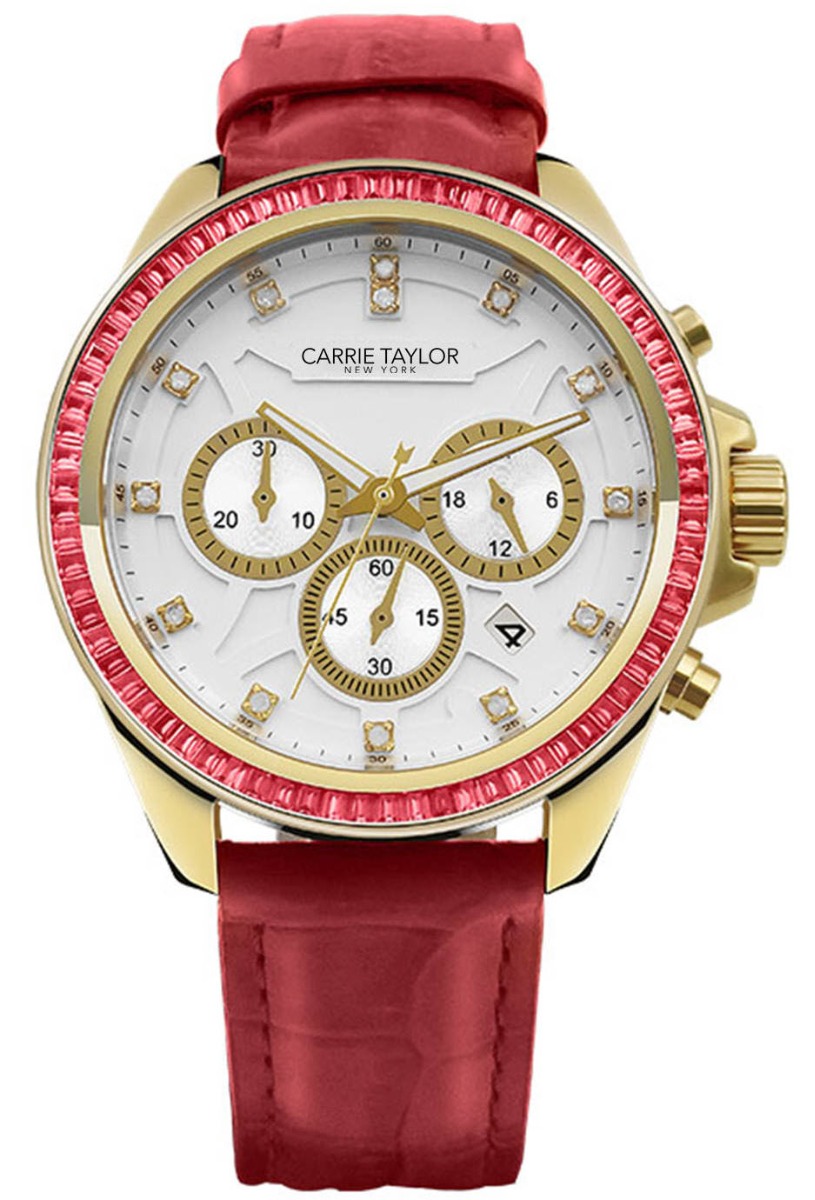Carrie Taylor Astoria Chronograph CTW903 - Quartz - Guld Kristall - Damklocka - Läder - Härdat mineralglas