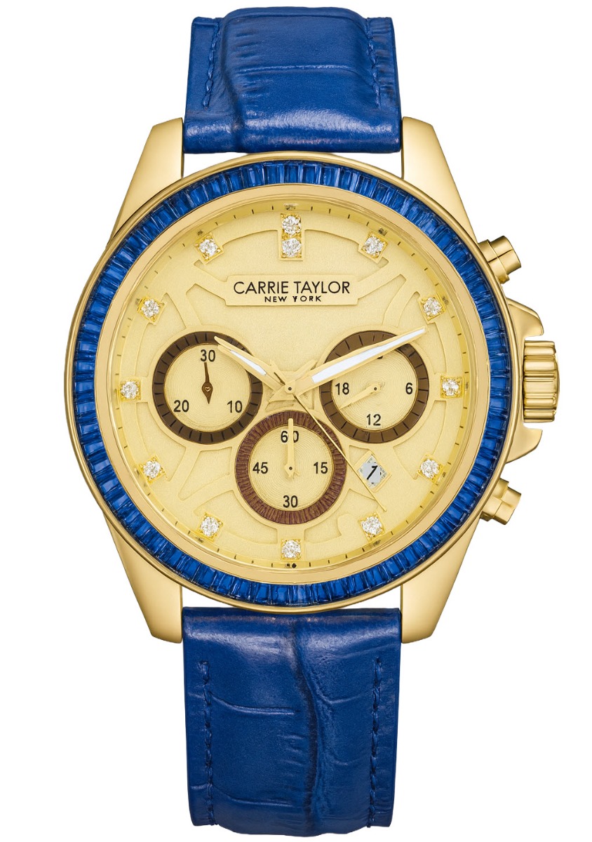 Carrie Taylor Astoria Chronograph Blue 42mm - Quartz - Guld - Damklocka - Läder - Härdat mineralglas