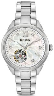 Bulova Classic automatisk damklocka med pärlemorskiva, äkta diamanter och synligt urverk | 96P181