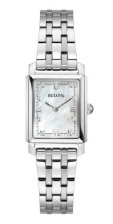 Elegant rektangulär damklocka från Bulova med pärlemorskiva och diamanter i stål - Sutton Collection | 96P244