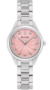 Elegant damklocka från Bulova med rosa urtavla och 11 diamanter i rostfritt stål - Sutton Collection | 96P249