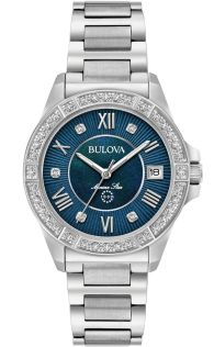 Bulova Marine Star damklocka med blå pärlemorskiva och äkta diamanter | 96R215