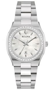 Elegant damklocka från Bulova med pärlemortavla och diamantbesatt bezel i rostfritt stål - Surveyor Collection | 96R245