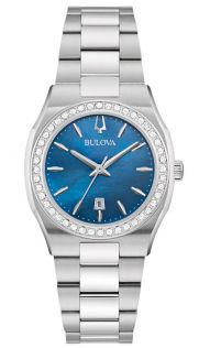 Elegant damklocka från Bulova med blå pärlemortavla och diamantbesatt bezel i rostfritt stål - Surveyor Collection | 96R246