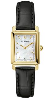 Elegant rektangulär damklocka från Bulova med pärlemorskiva och diamanter i guldtonat stål - Sutton Collection | 97P166