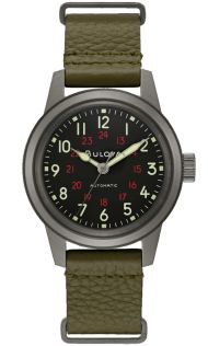 Bulova Hack Watch automatisk militärklocka med 24-timmarsvisning och grönt läderband | 98A255
