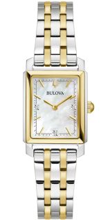 Elegant rektangulär damklocka från Bulova med pärlemorskiva och diamanter i tvåfärgat stål - Sutton Collection | 98P220