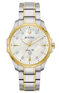 Elegant damklocka från Bulova med pärlemorsurtavla och diamanter i tvåfärgat stål - Marine Star Collection | 98P227