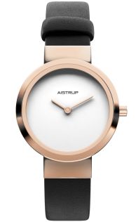 Minimalistisk Aistrup damklocka med ren vit urtavla, roséfinish och svart läderrem för den moderna kvinnan | AIW7606