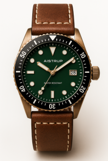 Aistrup AIW8503 Brass Classic Sapphire herrklocka med grön urtavla och läderrem | AIW8503