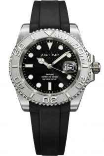 Aistrup sportig herrklocka med svart urtavla, silverfärgad vridbar ring och svart gummiband | AIW8802