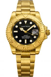 Aistrup lyxig herrklocka med svart urtavla, guldfärgad vridbar ring och guldfärgad stållänk | AIW8803