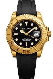 Aistrup sportig herrklocka med svart urtavla, guldfärgad vridbar ring och svart gummiband | AIW8804