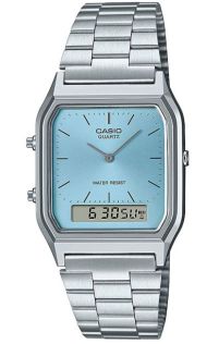 Vintage Casio med blå urtavla och dual display i stålram | AQ-230A-2A1MQYES