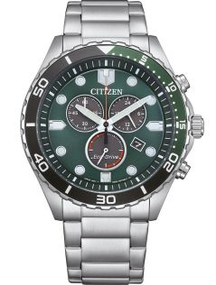 Citizen Eco-Drive kronograf i stål med H500 urverk och grön urtavla | AT2561-81X
