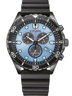 Citizen Eco-Drive kronograf i svart stål med H500 urverk och blå urtavla | AT2567-18L