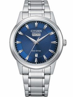 Citizen Eco-Drive herrklocka i stål | Blå solstråle urtavla med dag/datum | AW0100-86L