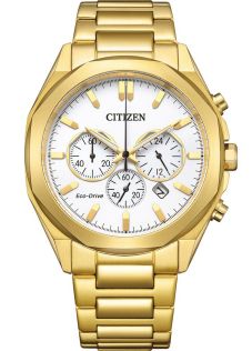 Citizen Eco-Drive kronograf i gyllene färgat stål | Vit urtavla med kronograf | CA4592-85A