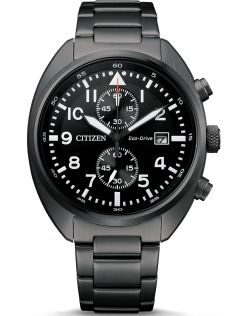 Citizen Eco-drive kronograf i grå IP-stål | Svart militärdesign med kronograf och 7 månaders gångreserv | CA7047-86E
