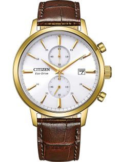 Citizen Eco-drive kronograf med guldförgylld urkasse | Klassisk herrklocka med vit urtavla och brunt läderarmband | CA7062-15A
