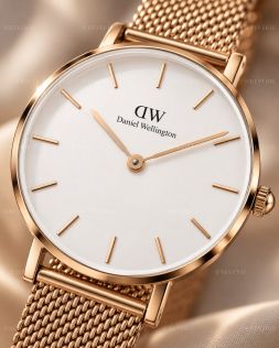 Roséguldfärgad Daniel Wellington damklocka med vit urtavla och meshlänk i 28mm