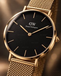 Gyllene Daniel Wellington damklocka med svart urtavla och meshlänk i 32mm