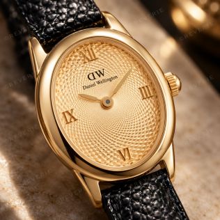 Gyllene Daniel Wellington damklocka med guillocherad urtavla och svart läderband i 22mm