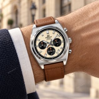 Casio Edifice herrklocka med cremefärgad urtavla, kronograf, safirglas och brunt läderband i 40mm