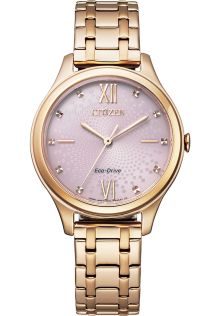 Citizen Eco-drive damklocka med pärlemorskiva | Roséguldspläterad elegans med kristalltimmarkörer och 180 dagars gångreserv | EM0503-75X