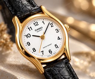 Guldfärgad Casio damklocka med vit urtavla och svart läderband i 23mm