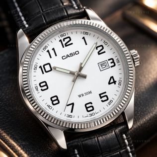 Klassisk Casio herrklocka med vit urtavla och svart läderband i 39mm