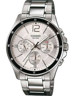 Silverfärgad Casio Classic Chronograph med dag-datumvisning och rostfritt stål | MTP-1374PD-7AVEF