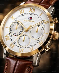 Tommy Hilfiger tvåfärgad herrklocka med dag-datum och brunt läderarmband 42mm
