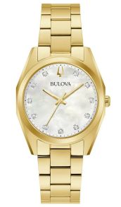 Elegant damklocka från Bulova med pärlemorsurtavla och 11 diamanter i guldtonat stål - Surveyor Collection | 97P172