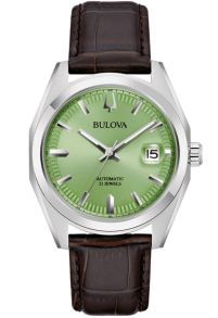 Elegant automatisk herrklocka från Bulova med pistagegrön urtavla och brunt läderarmband - Surveyor Collection | 96B427