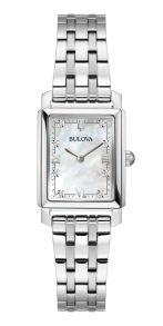 Elegant rektangulär damklocka från Bulova med pärlemorskiva och diamanter i stål - Sutton Collection | 96P244