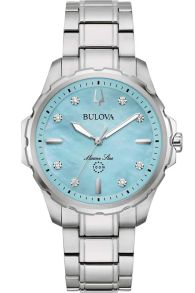 Elegant damklocka från Bulova med diamanter och blå pärlemorskiva i rostfritt stål - Marine Star Collection | 96P248