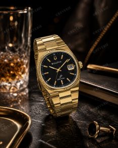 Bulova guldfärgad vintage herrklocka med svart urtavla 38mm