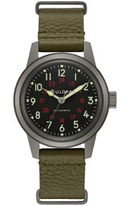 Bulova Hack Watch automatisk militärklocka med 24-timmarsvisning och grönt läderband | 98A255
