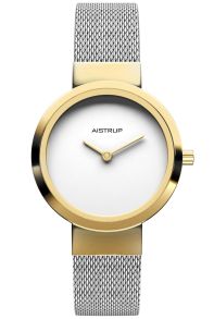 Minimalistisk damklocka med vit urtavla, gyllene finish och mesh stålarmband i tvådelad design | AIW7614