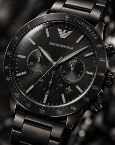 Helsvart Emporio Armani Mario herrklocka i stål med kronograf i 43mm