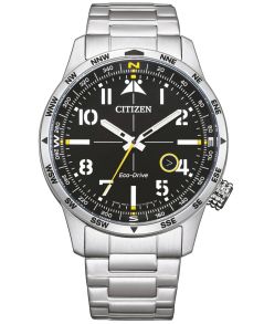 Citizen Eco-Drive herrklocka i stål med kompass | Pilotdesign med arabiska siffror och 100m vattentäthet | BM7550-87E