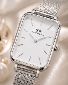 Daniel Wellington rektangulär damklocka i stål med vit urtavla och mesharmband 20mm