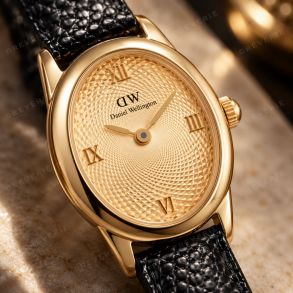 Gyllene Daniel Wellington damklocka med guillocherad urtavla och svart läderband i 22mm