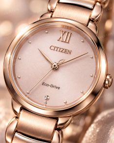 Roséguldfärgad Citizen damklocka med solenergi, safirglas och diamant i 28mm