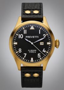 Svart herrur med guldboett och läderarmband - Prevetti Flieger Type A PR11001