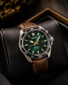 Grön urtavla, brundt läderarmband - Seiko Mens Kinetic Green Dial