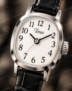 Liten Timex damklocka med vit urtavla och svart läderband i 17mm