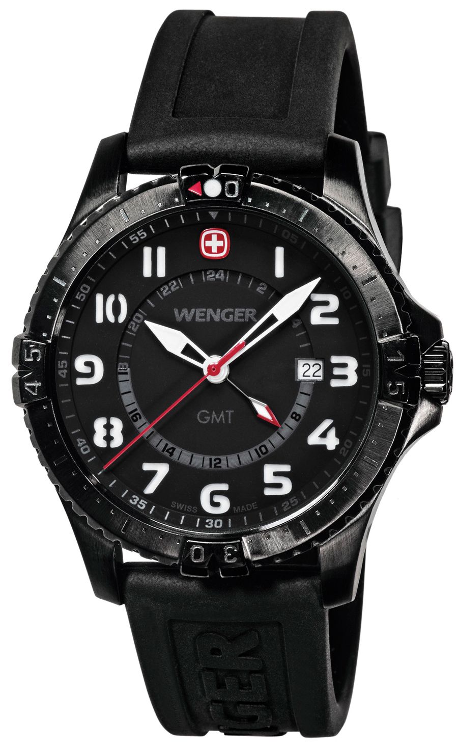 Swiss made armbandsklocka for man med GMT och safirglas Wenger Squadron GMT PVD Black 77073 Svart silikon herrklocka