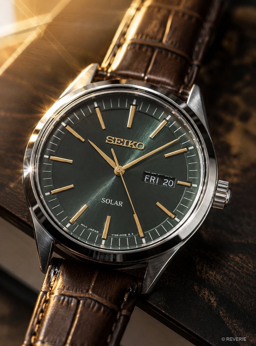 Seiko Mens Green Solar 40mm - Brun läder herrklocka